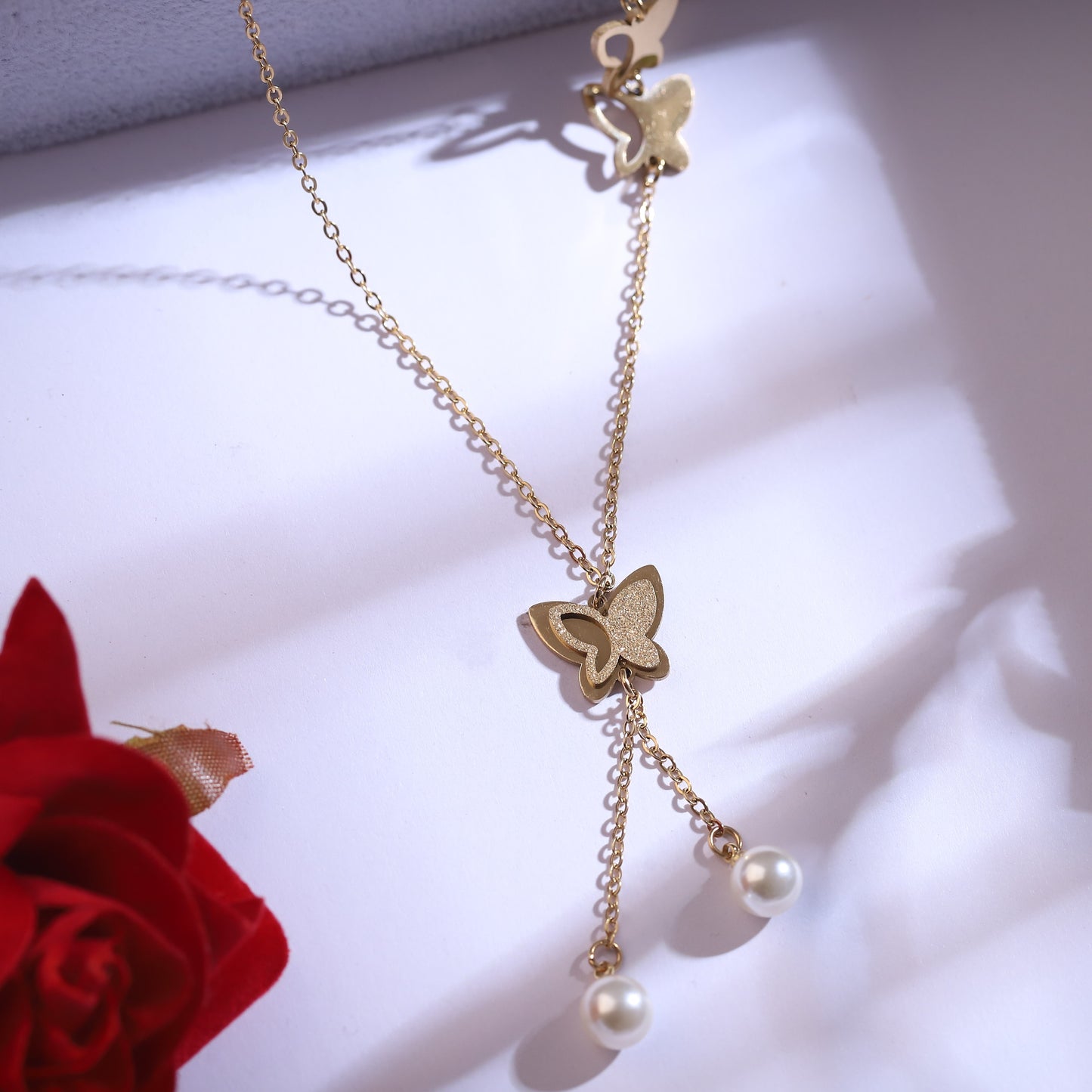 Delicate Gold Butterfly Necklace & Pearl Drop Earring Set | Elegant Charm Jewelry Gift