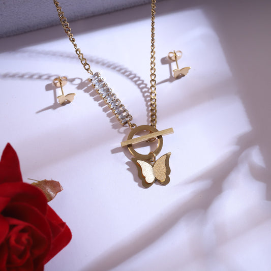 Elegant Gold Plated Butterfly Necklace & Crystal Bar T-Bar Toggle Set with Butterfly Studs | Trendy Women's Jewelry