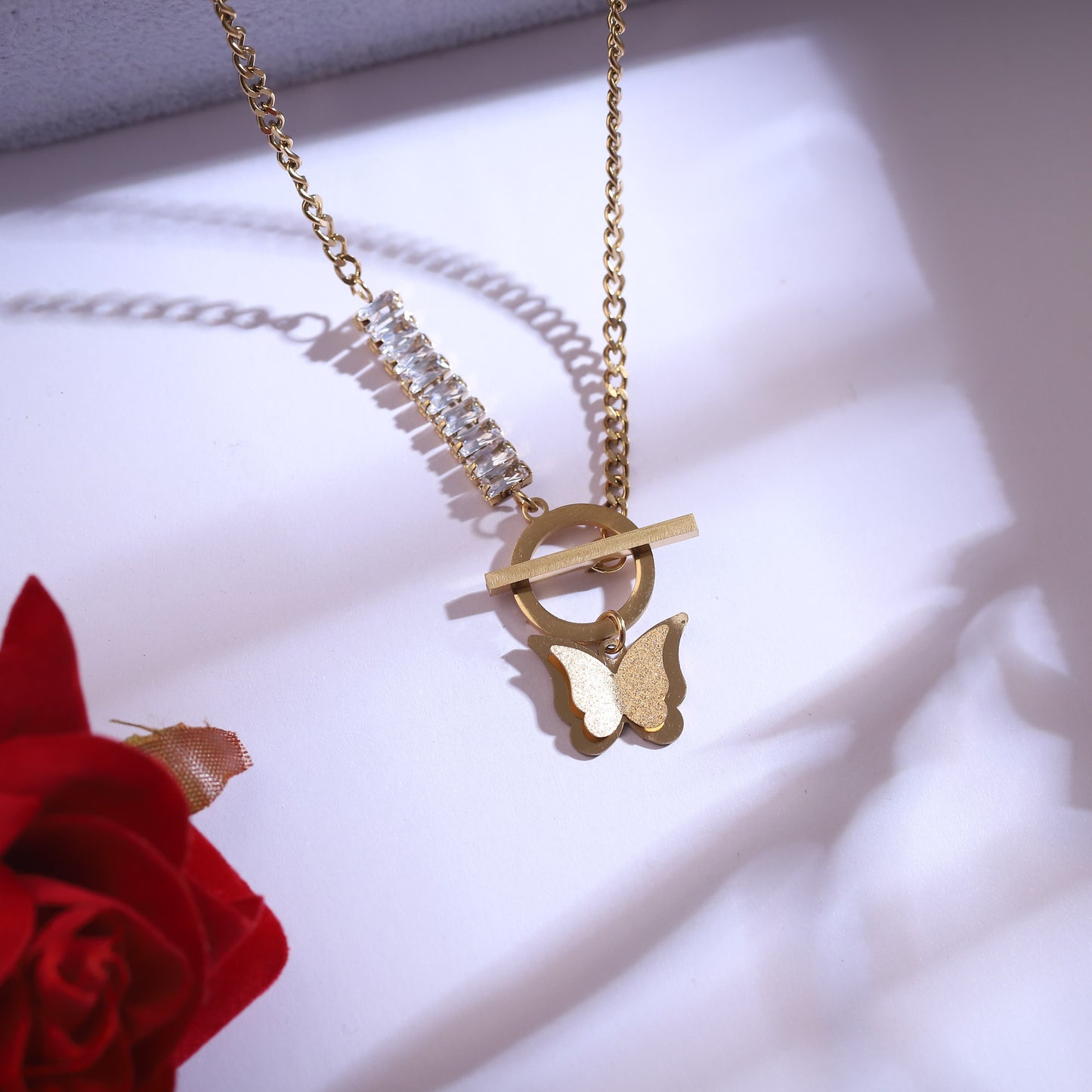 Elegant Gold Plated Butterfly Necklace & Crystal Bar T-Bar Toggle Set with Butterfly Studs | Trendy Women's Jewelry