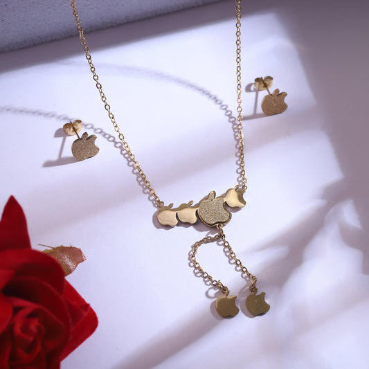 Golden Apple Charm Necklace & Earrings Set - Delicate Dangle Jewelry