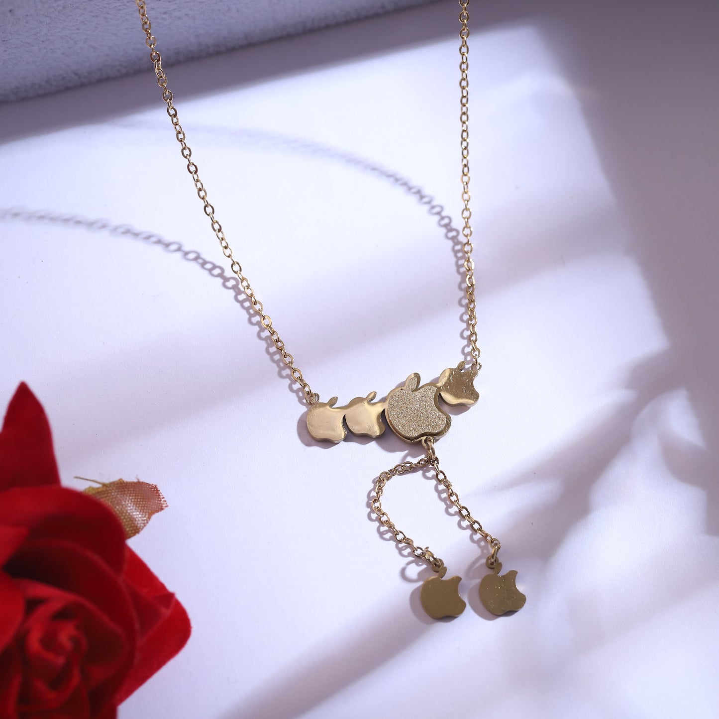 Golden Apple Charm Necklace & Earrings Set - Delicate Dangle Jewelry