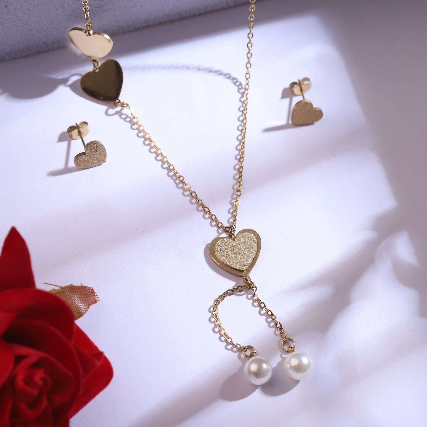 Gold Heart Dangle Necklace & Pearl Earring Set - Romantic Jewelry Gift