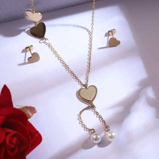Gold Heart Dangle Necklace & Pearl Earring Set - Romantic Jewelry Gift