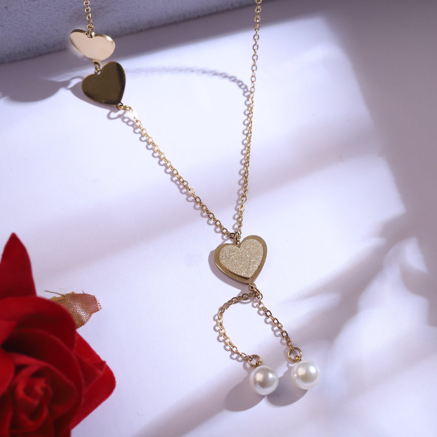 Gold Heart Dangle Necklace & Pearl Earring Set - Romantic Jewelry Gift