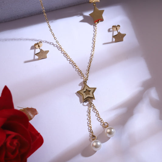 Gold Star Dangle Necklace & Pearl Earring Set - Celestial Jewelry