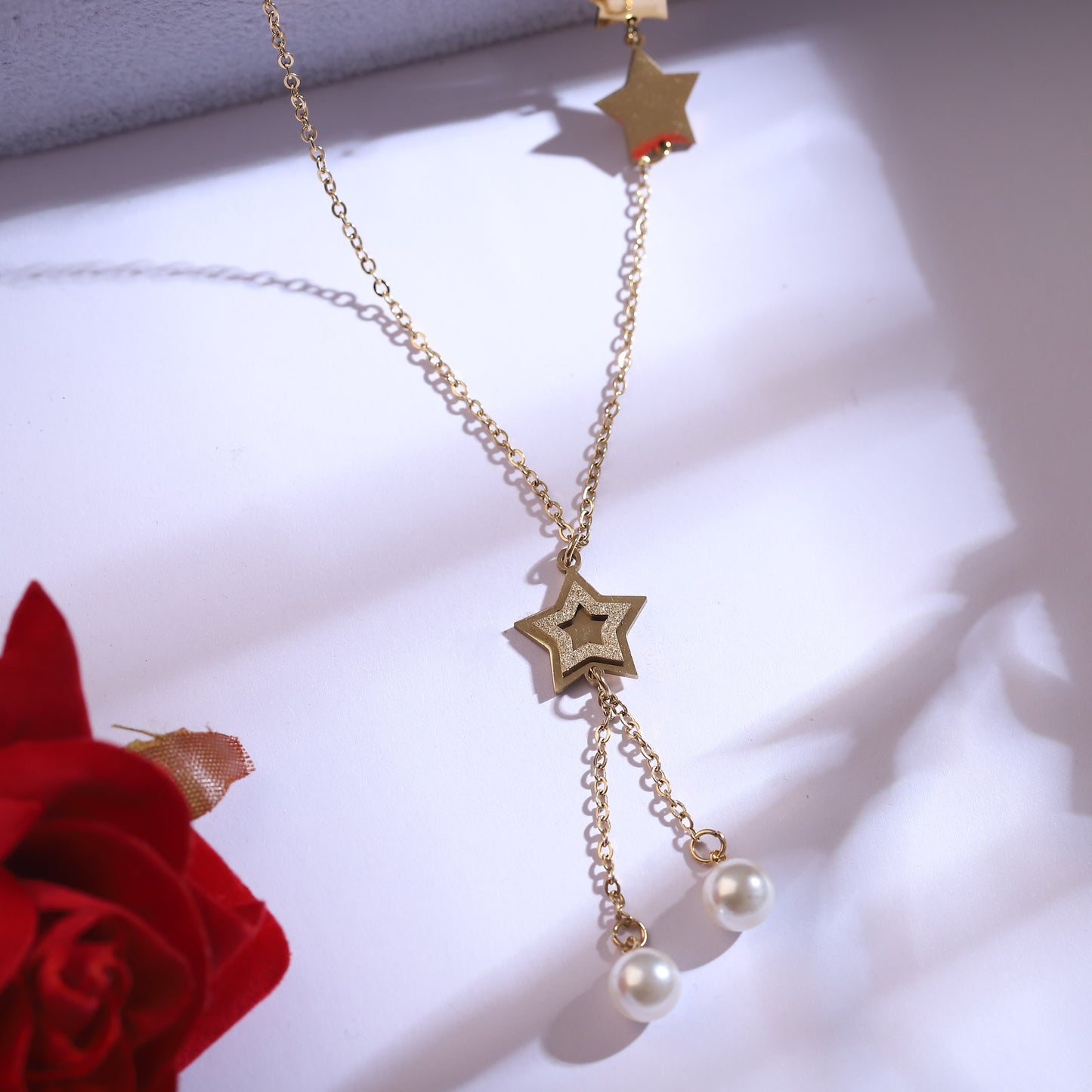 Gold Star Dangle Necklace & Pearl Earring Set - Celestial Jewelry