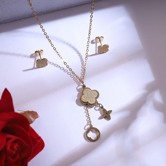 Lucky Clover & Charm Gold Plated Necklace & Earring Set | Trendy Fashion Jewelry for Women