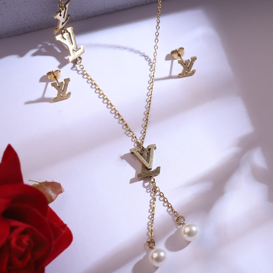 Elegant Gold Plated "V" Initial Necklace & Pearl Drop Earring Set | Fashion Jewelry for Women