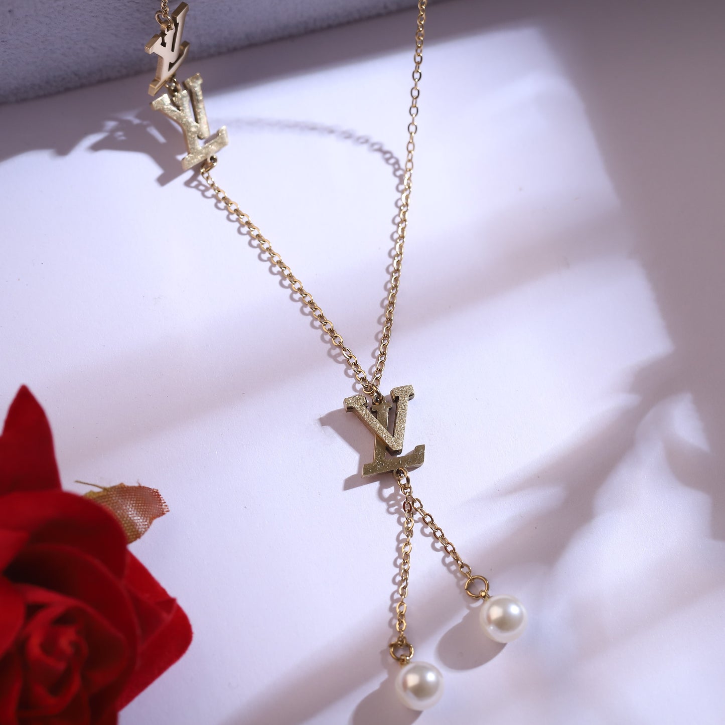 Elegant Gold Plated "V" Initial Necklace & Pearl Drop Earring Set | Fashion Jewelry for Women
