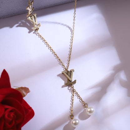 Elegant Gold Plated "V" Initial Necklace & Pearl Drop Earring Set | Fashion Jewelry for Women
