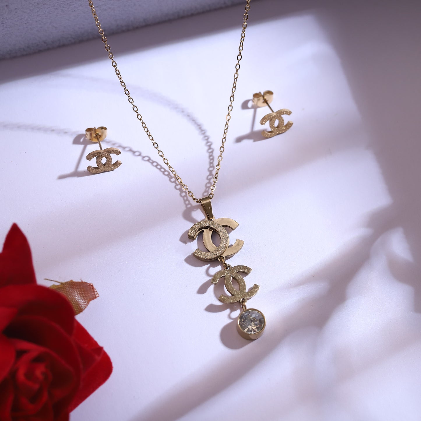 Gold Interlocking C Logo Necklace & Earring Set | Elegant Designer Inspired Jewelry