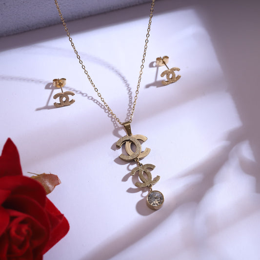 Gold Interlocking C Logo Necklace & Earring Set | Elegant Designer Inspired Jewelry
