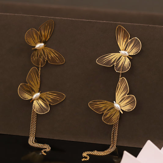 Golden Double Butterfly Drop Earrings with Pearl Accents and Chain Tassels - Chic Women's Jewelry