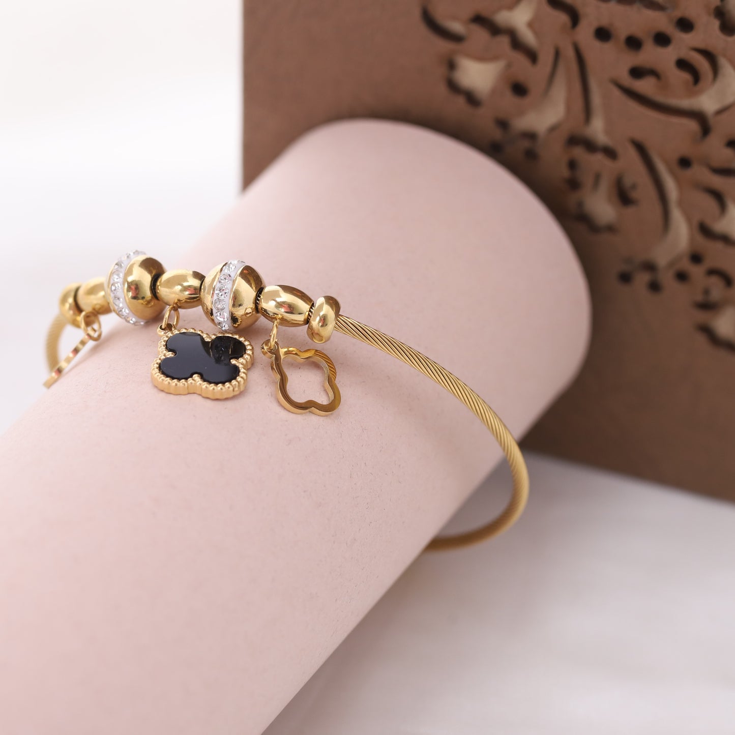 22K Gold Plated Stainless Steel Clover Charm Kada Bracelet | Magnetic Lock & Anti-Tarnish