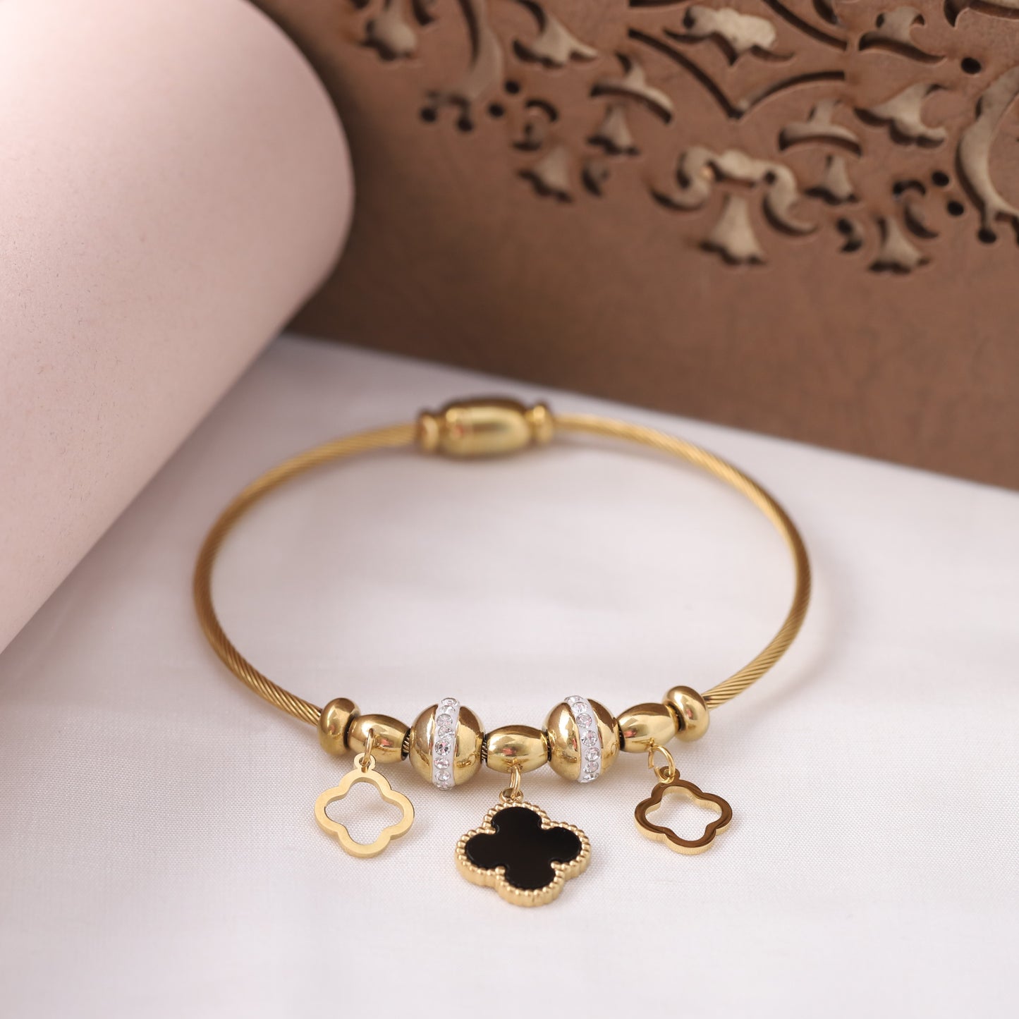 22K Gold Plated Stainless Steel Clover Charm Kada Bracelet | Magnetic Lock & Anti-Tarnish