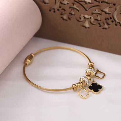 22K Gold Plated Stainless Steel Clover Charm Kada Bracelet | Magnetic Lock & Anti-Tarnish