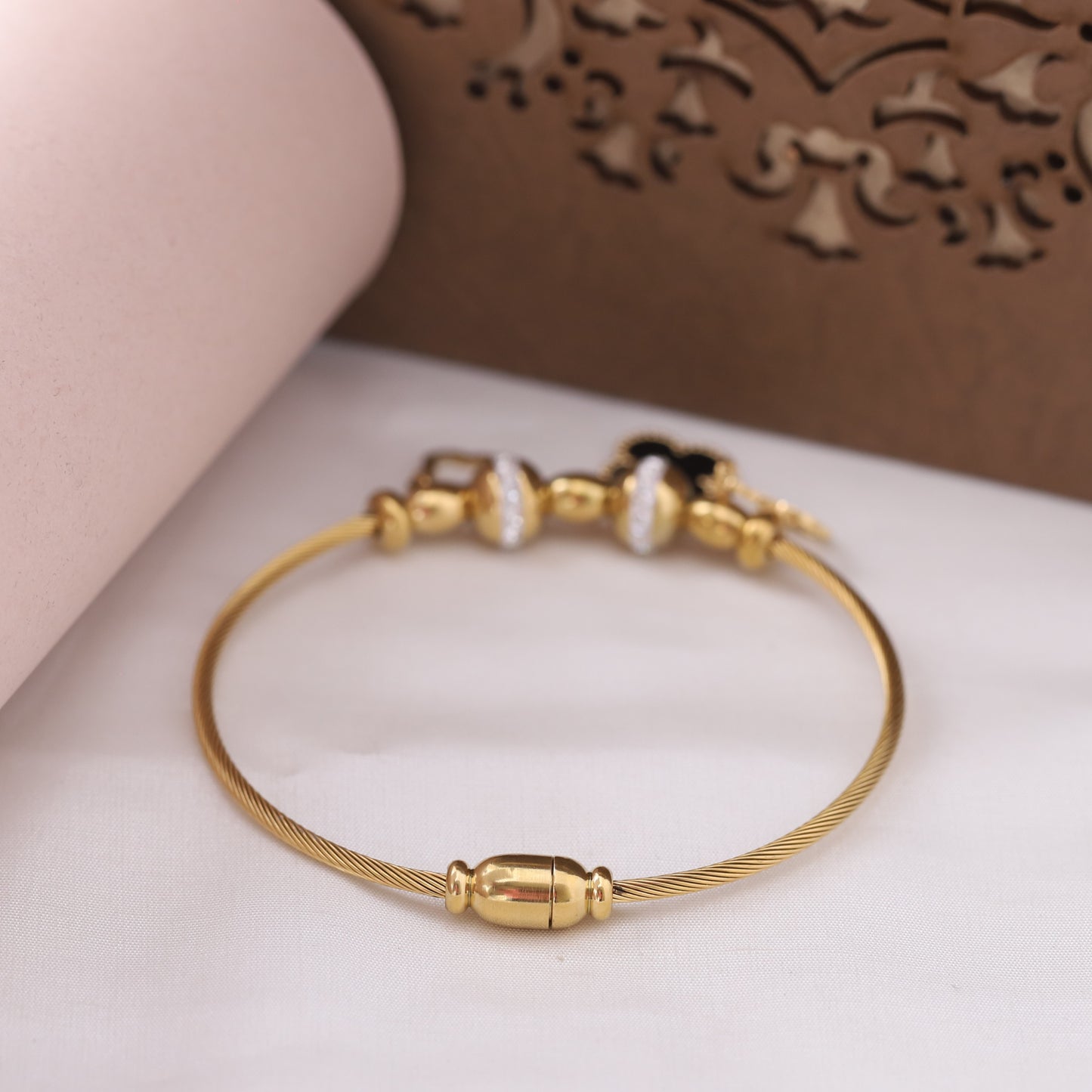 22K Gold Plated Stainless Steel Clover Charm Kada Bracelet | Magnetic Lock & Anti-Tarnish