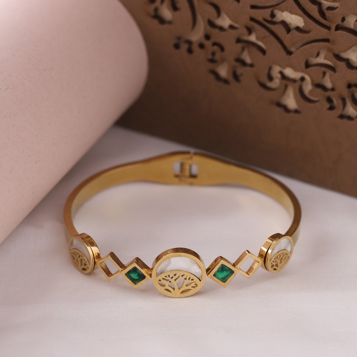 22K Gold Plated Stainless Steel Kada Bracelet | Green Stone & MOP Inlay | Anti-Tarnish