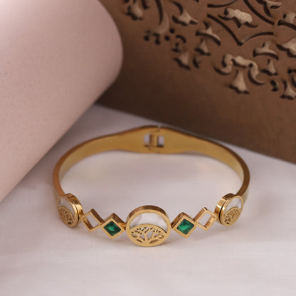 22K Gold Plated Stainless Steel Kada Bracelet | Green Stone & MOP Inlay | Anti-Tarnish