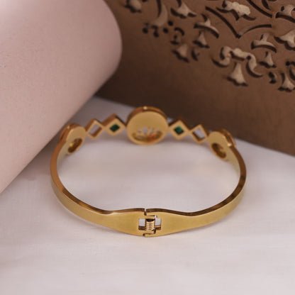 22K Gold Plated Stainless Steel Kada Bracelet | Green Stone & MOP Inlay | Anti-Tarnish