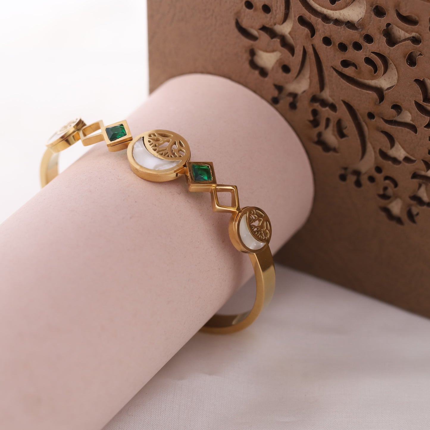 22K Gold Plated Stainless Steel Kada Bracelet | Green Stone & MOP Inlay | Anti-Tarnish