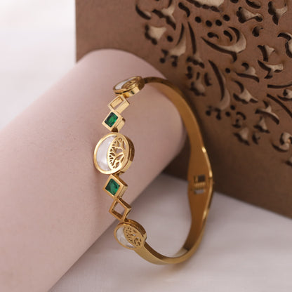 22K Gold Plated Stainless Steel Kada Bracelet | Green Stone & MOP Inlay | Anti-Tarnish
