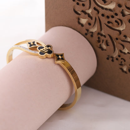 Anti-Tarnish Rose Gold Bangle with Black & Crystal Details | Fashion Bracelet