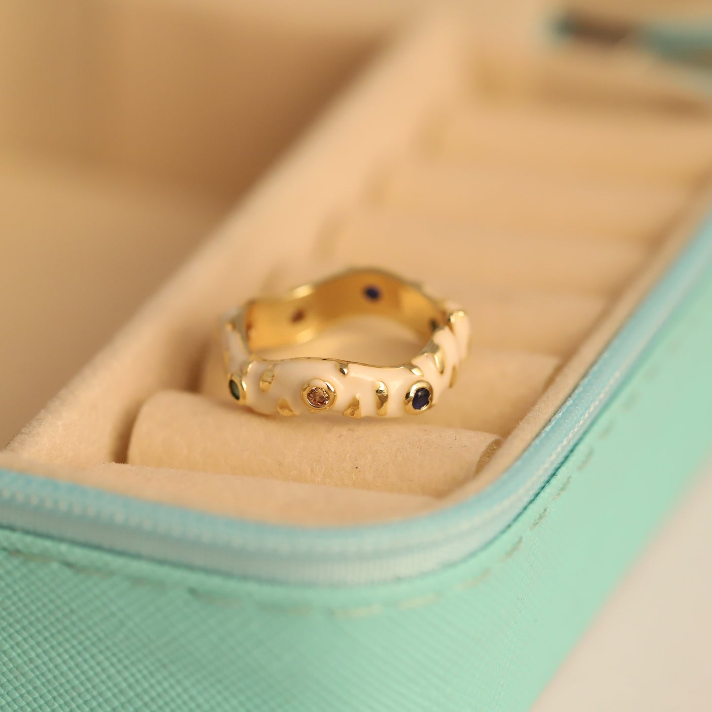 Gold & White Enamel Ring - Colorful Gemstone Adjustable Band | Stackable & Waterproof Jewelry