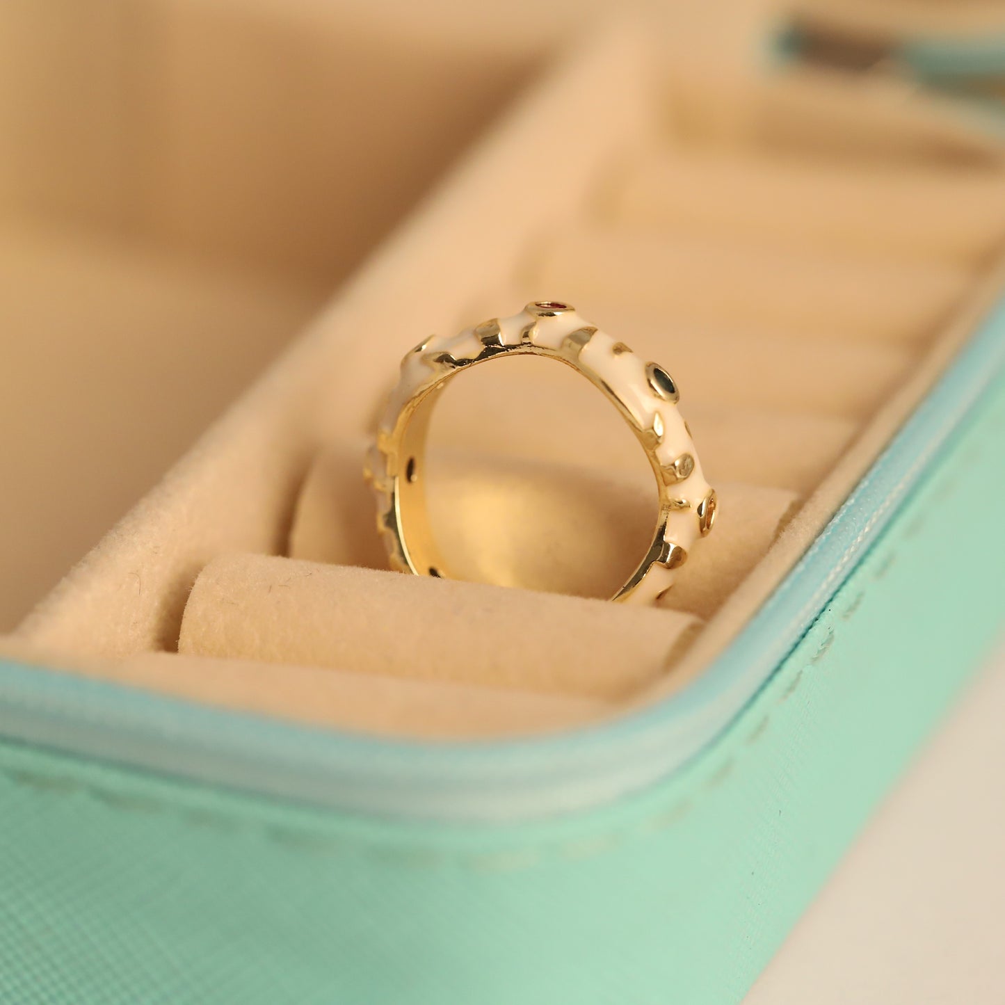 Gold & White Enamel Ring - Colorful Gemstone Adjustable Band | Stackable & Waterproof Jewelry