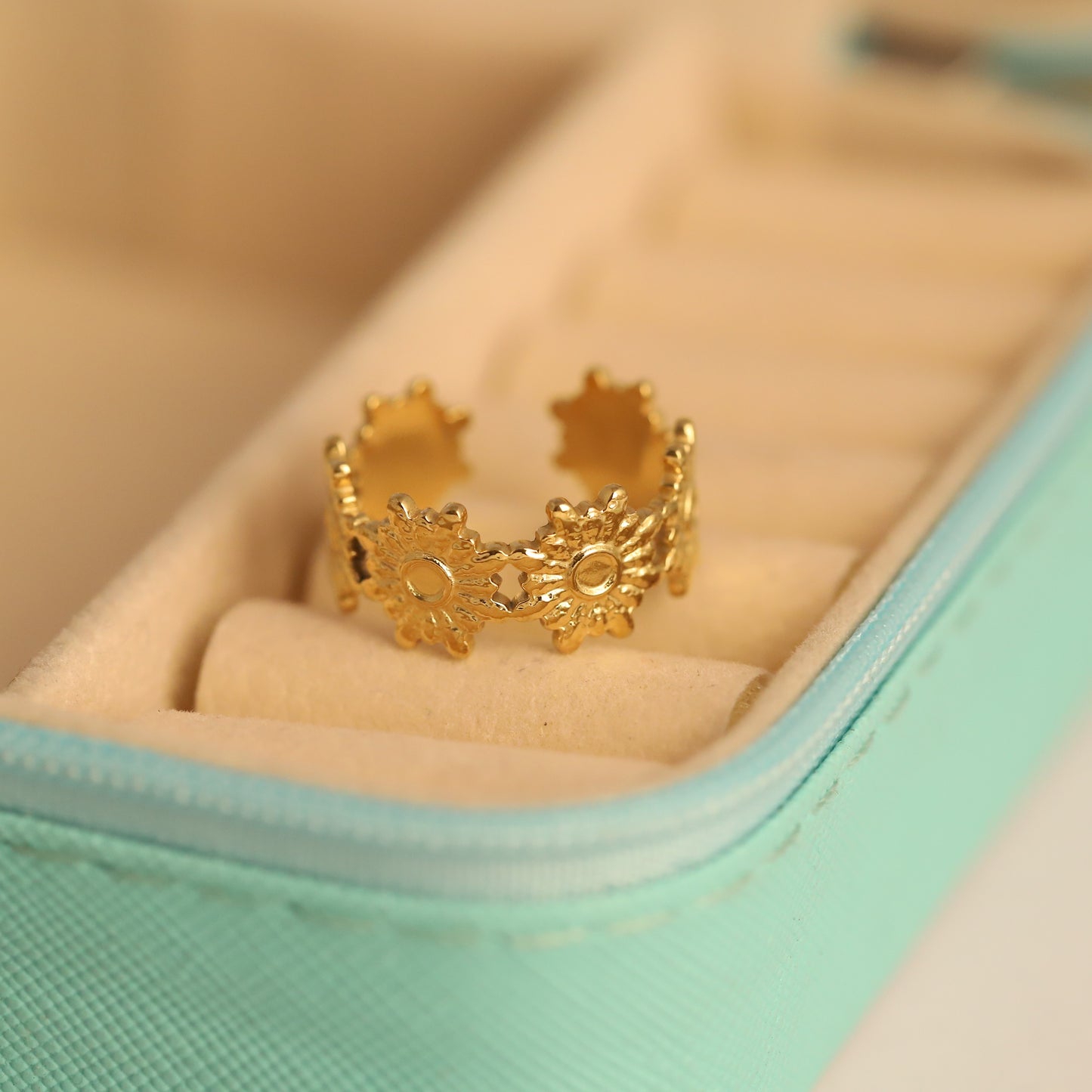 Gold Sunflower Ring - Adjustable Floral Band | Boho & Waterproof Jewelry