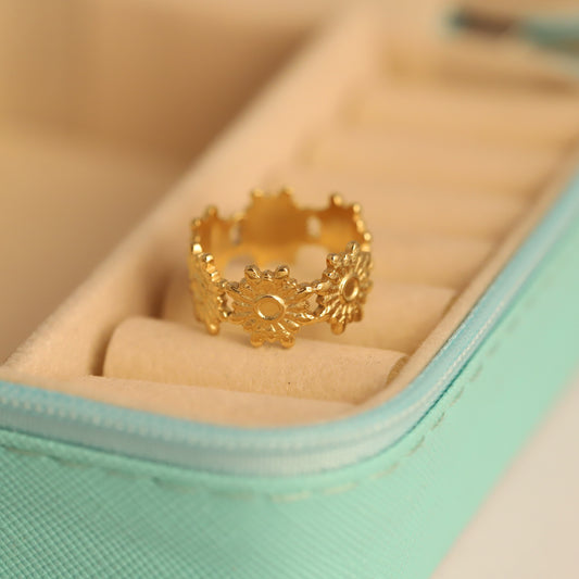 Gold Sunflower Ring - Adjustable Floral Band | Boho & Waterproof Jewelry