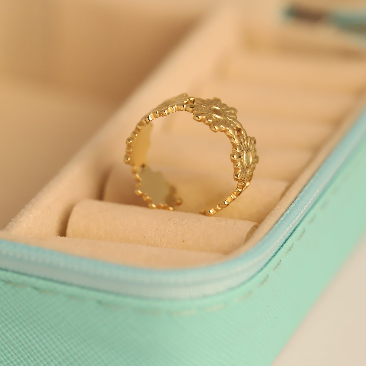 Gold Sunflower Ring - Adjustable Floral Band | Boho & Waterproof Jewelry