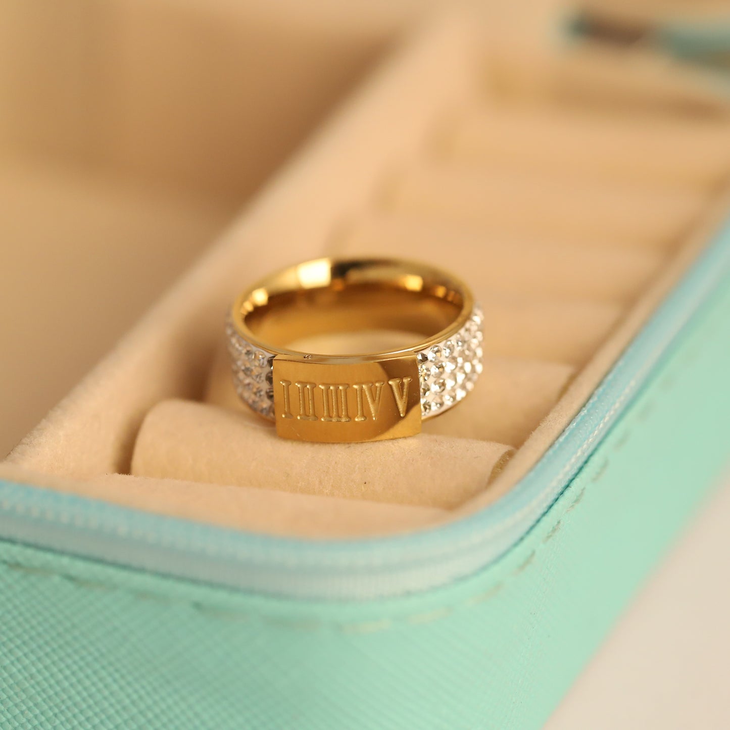 22K Gold Plated Roman Numeral Studded Ring | Stainless Steel Zircon Band