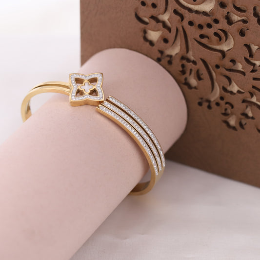 Classic Clover & Full AD Kada Bracelet | Anti-Tarnish Stainless Steel with Spring Lock