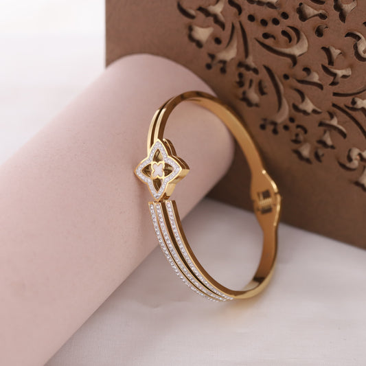 Classic Clover & Full AD Kada Bracelet | Anti-Tarnish Stainless Steel with Spring Lock