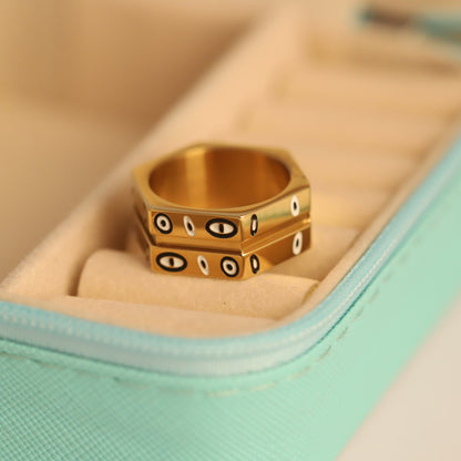 22K Gold Plated Hexagonal Evil Eye Ring | Black Enamel Stainless Steel