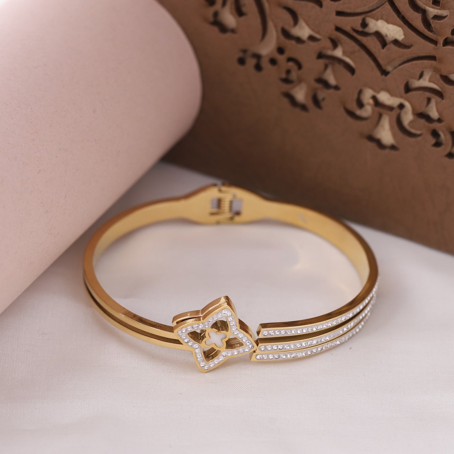 Classic Clover & Full AD Kada Bracelet | Anti-Tarnish Stainless Steel with Spring Lock