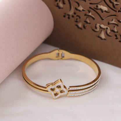 Classic Clover & Full AD Kada Bracelet | Anti-Tarnish Stainless Steel with Spring Lock