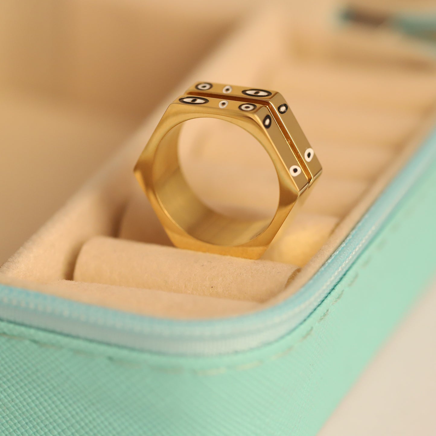 22K Gold Plated Hexagonal Evil Eye Ring | Black Enamel Stainless Steel