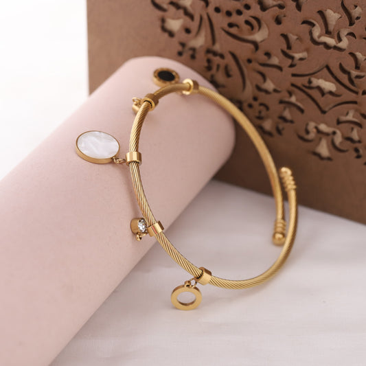 22K Gold Plated Roman Numeral Charm Bracelet | MOP & Stainless Steel Kada