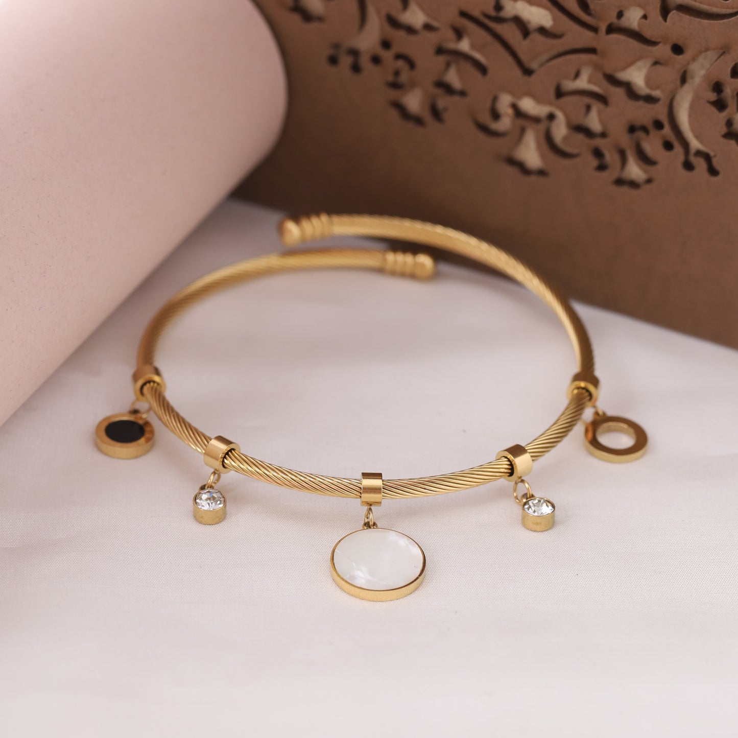 22K Gold Plated Roman Numeral Charm Bracelet | MOP & Stainless Steel Kada