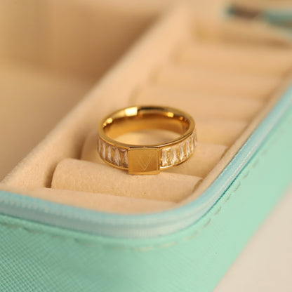 22K Gold Plated Baguette Crystal Ring | Stainless Steel Square Center Ring