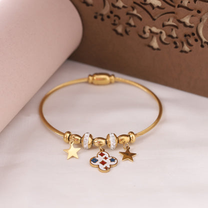 22K Gold Plated Clover & Star AD Kada Bracelet | Magnetic Lock, Anti-Tarnish Stainless Steel