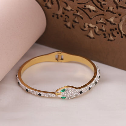 22K Gold Plated Snake Bracelet | American Diamond Spring Lock Kada