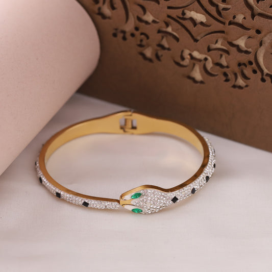 22K Gold Plated Snake Bracelet | American Diamond Spring Lock Kada
