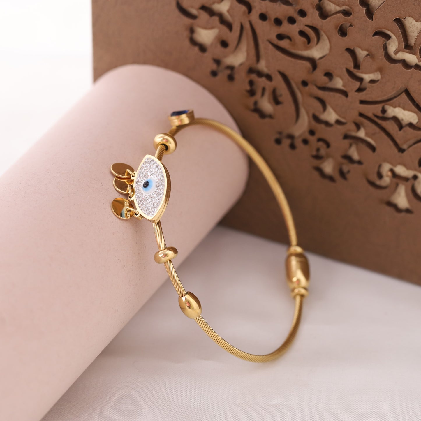 22K Gold Plated Evil Eye & AD Kada Bracelet | Magnetic Lock, Anti-Tarnish, Positive Energy