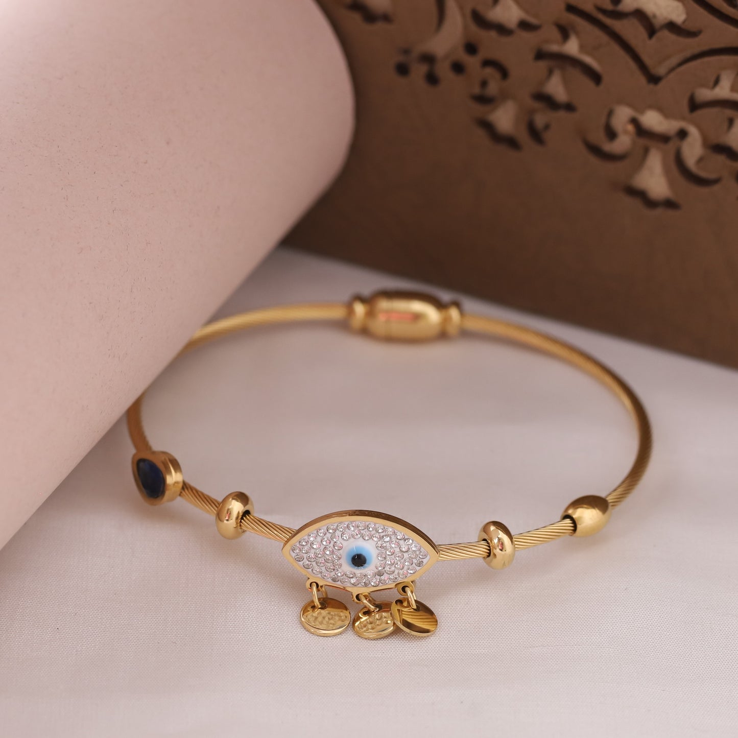 22K Gold Plated Evil Eye & AD Kada Bracelet | Magnetic Lock, Anti-Tarnish, Positive Energy