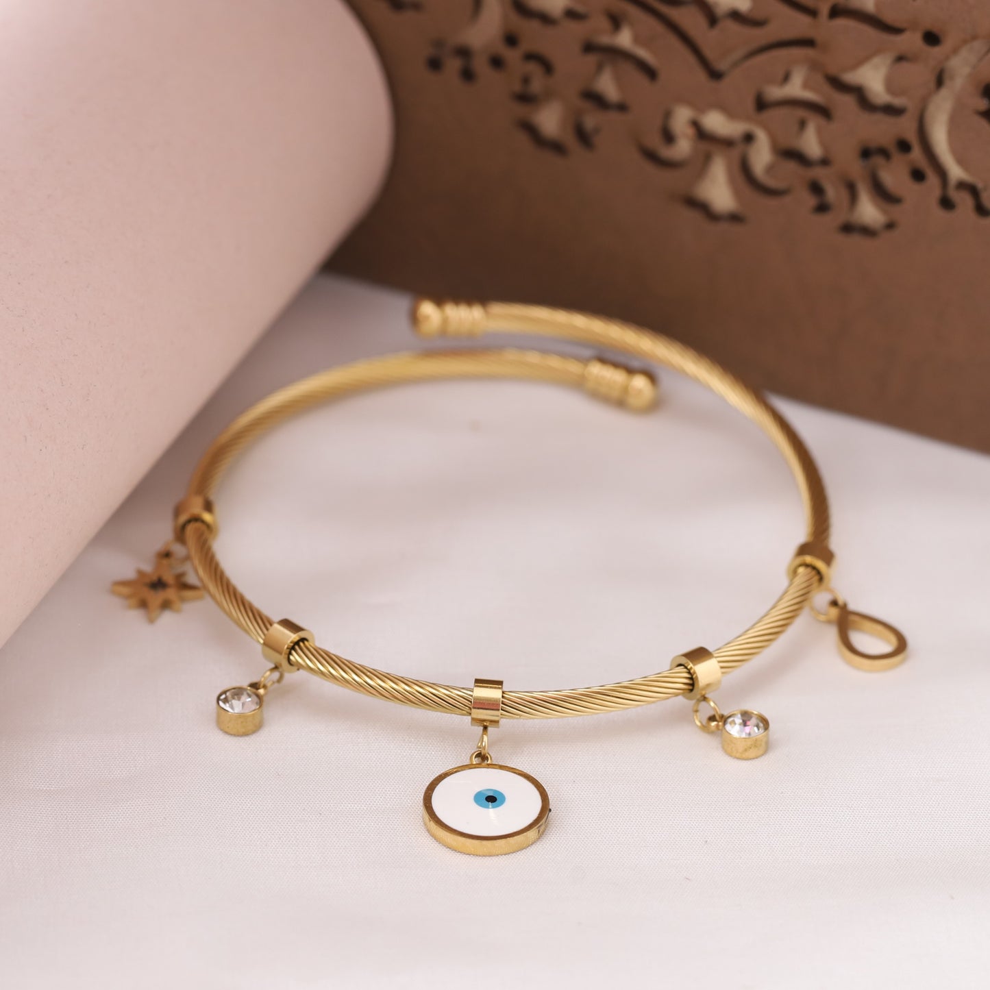 Durable Anti-Allergy Evil Eye Bracelet for Women | Free Size Gold Plated Kada
