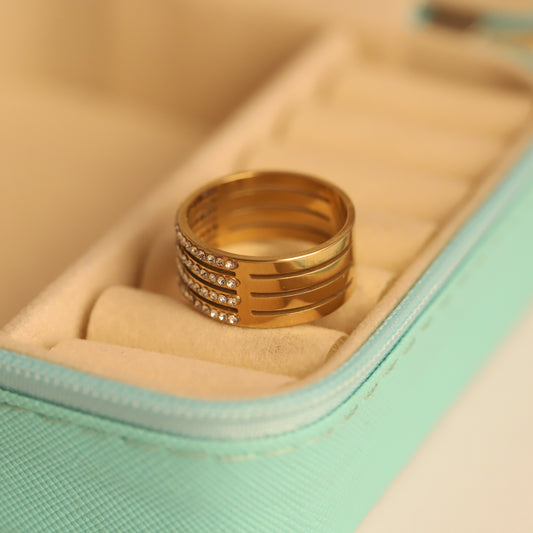 Wide Gold Band with Multiple Crystal Rows - Statement Sparkle Ring