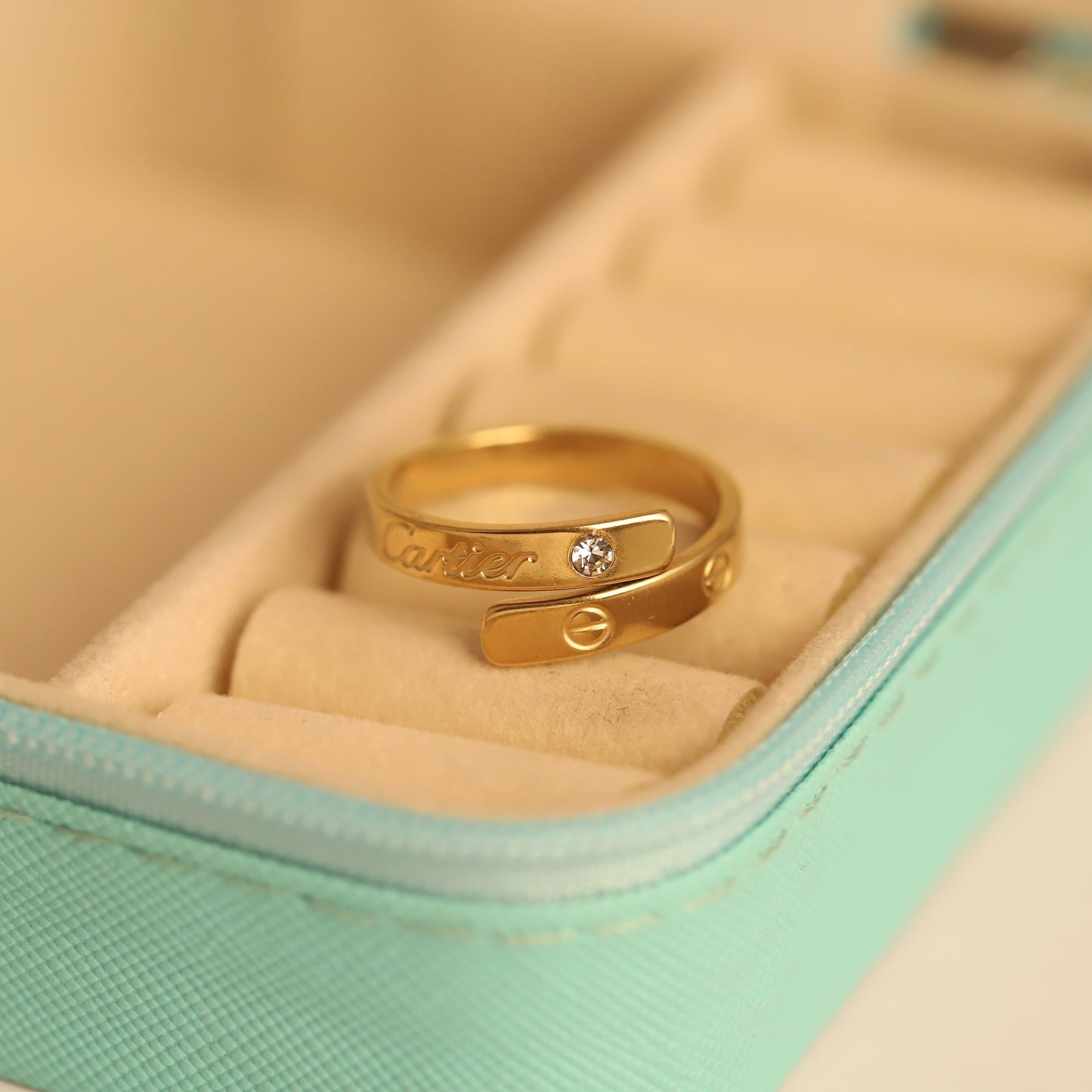 Adjustable Gold Screw Ring - Crystal-Embellished Bypass Jewelry